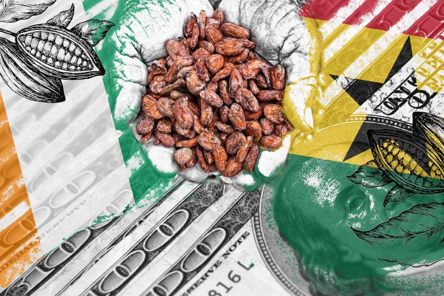 Une poignée de fèves de cacao entourée par les drapeaux du Ghana et de la Côte d'Ivoire.